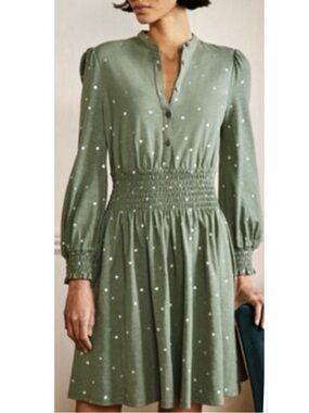 Boden Dress Cotton Smocked Waist Jersey Dotted Print Green Office Career Preppy